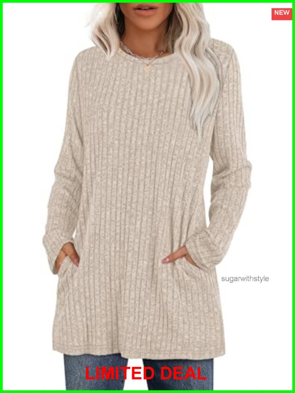 Womens Long Sleeve Tunic Top Crewneck Loose Fit Sweater with Pockets